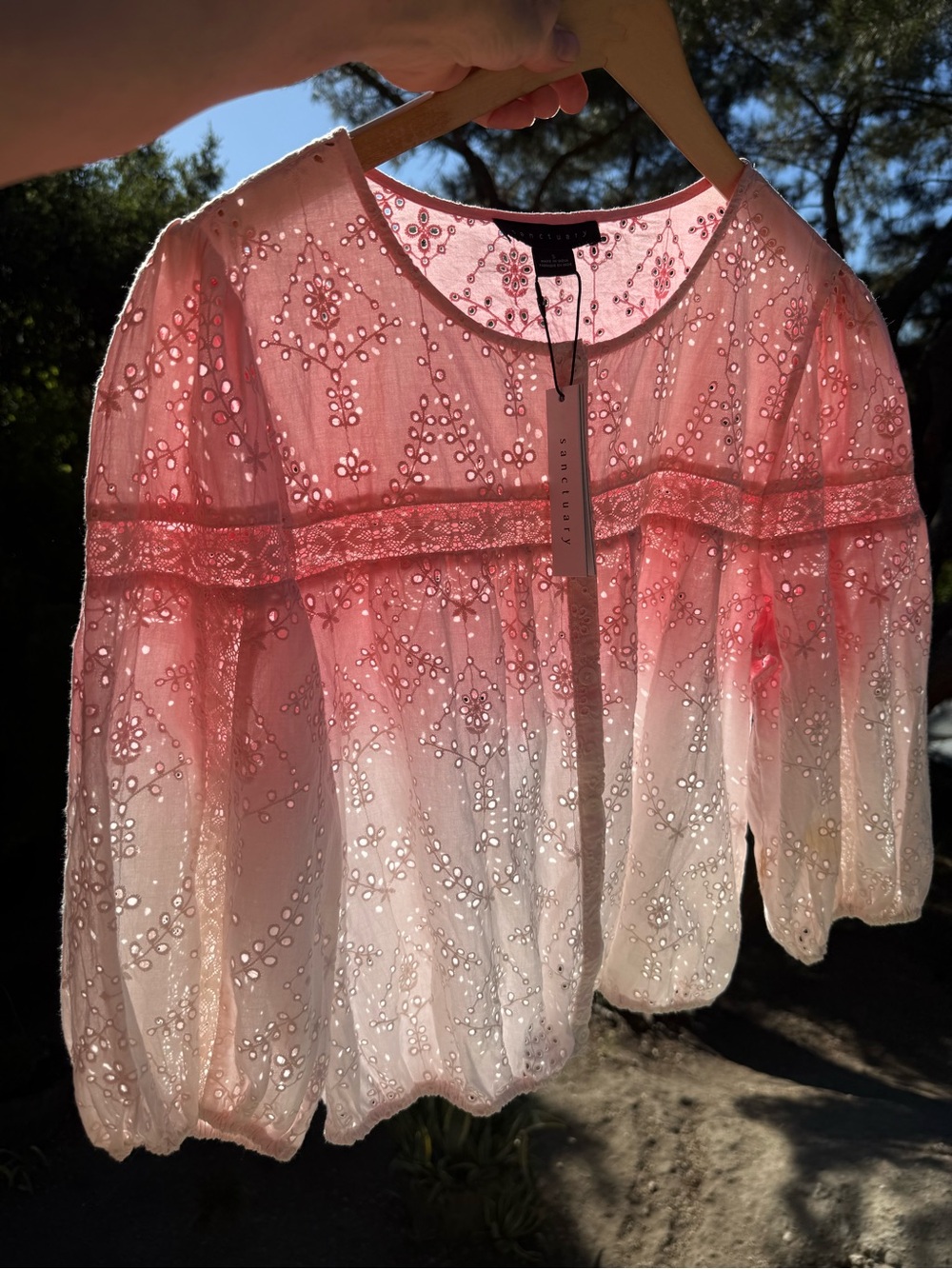 NWT Sanctuary Top Sugar pale pink blush ombré eyelet blouse cotton S button up